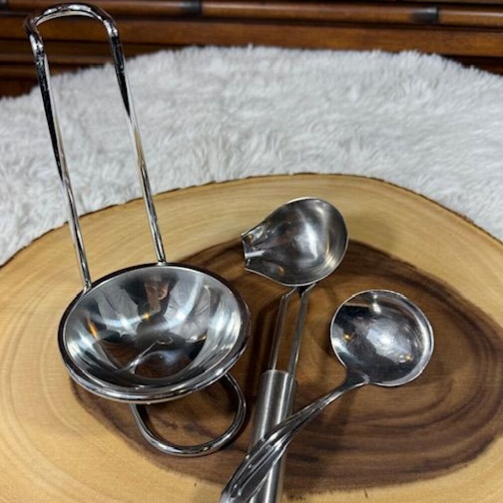 Vintage 3pc Stainless Steel Spoon Rest and Ladle Set